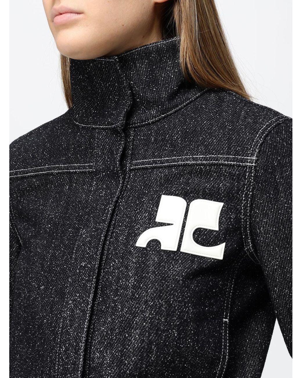 Courreges Black CourrÈ Ges Short Denim Jacket With Contrast Logo And Funnel Neck