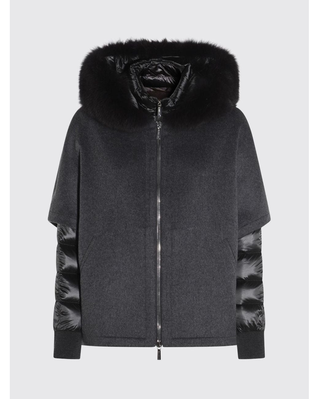 Moorer Blue Short Wool And Cashmere Coat With Shearling Hood