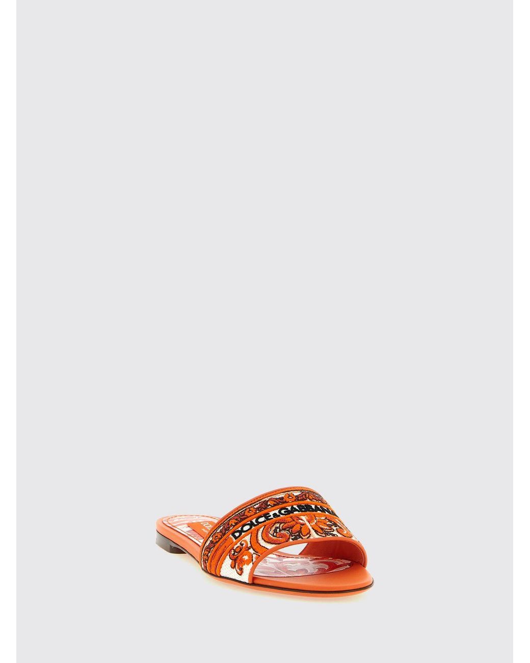 Dolce & Gabbana Orange Dolce &Amp Gabbana Majolica-Print Cotton Flat Sandals With Embroidered Logo
