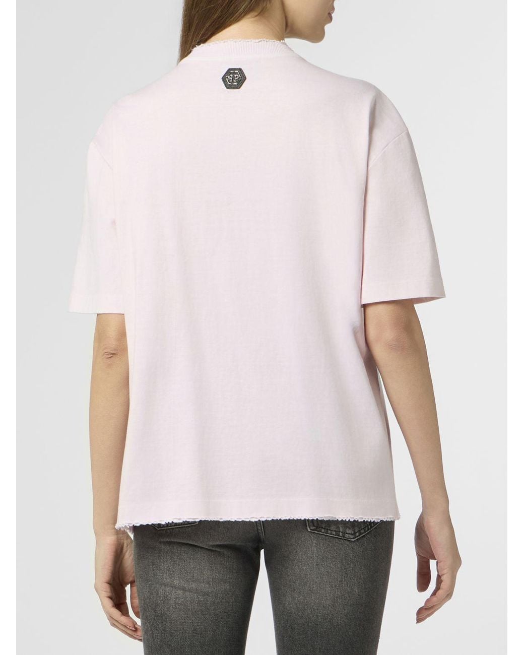 Philipp Plein Natural Cotton Jersey T-Shirt With Rhinestone Logo And Fringed Hem