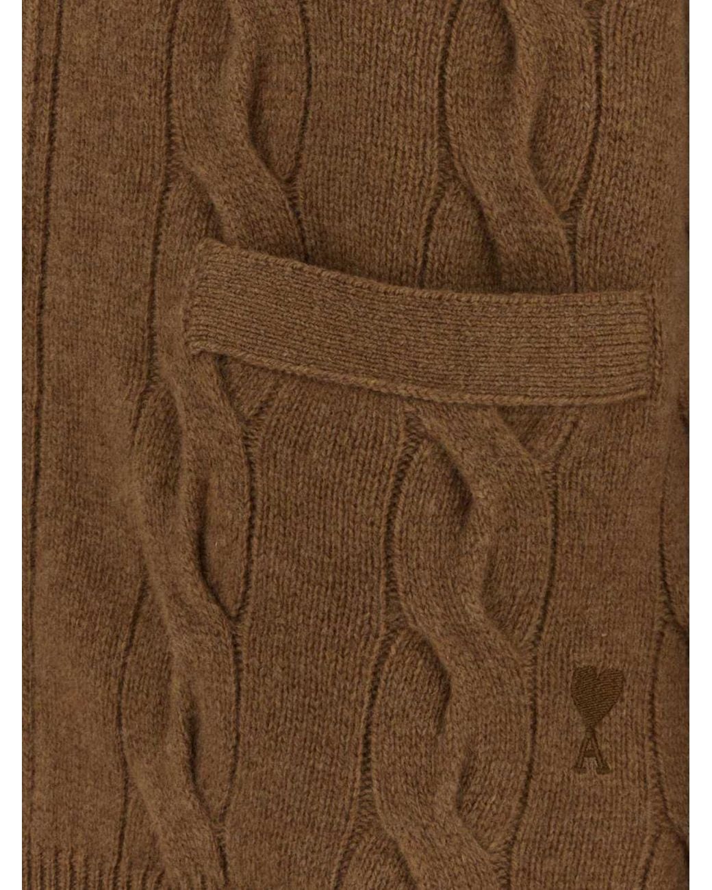 AMI Brown V-Neck Merino Wool Cardigan With Patch Pockets