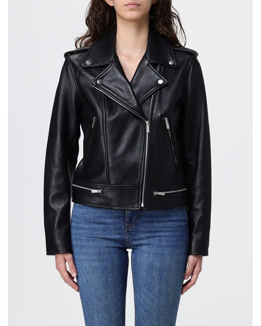 Twinset Black Leather Biker Jacket With Asymmetrical Zip And Shoulder Epaulettes