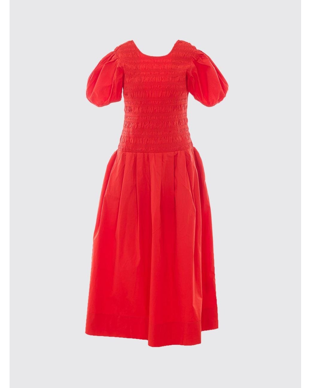 Ganni Red Puff-Sleeve Organic Cotton Midi Dress