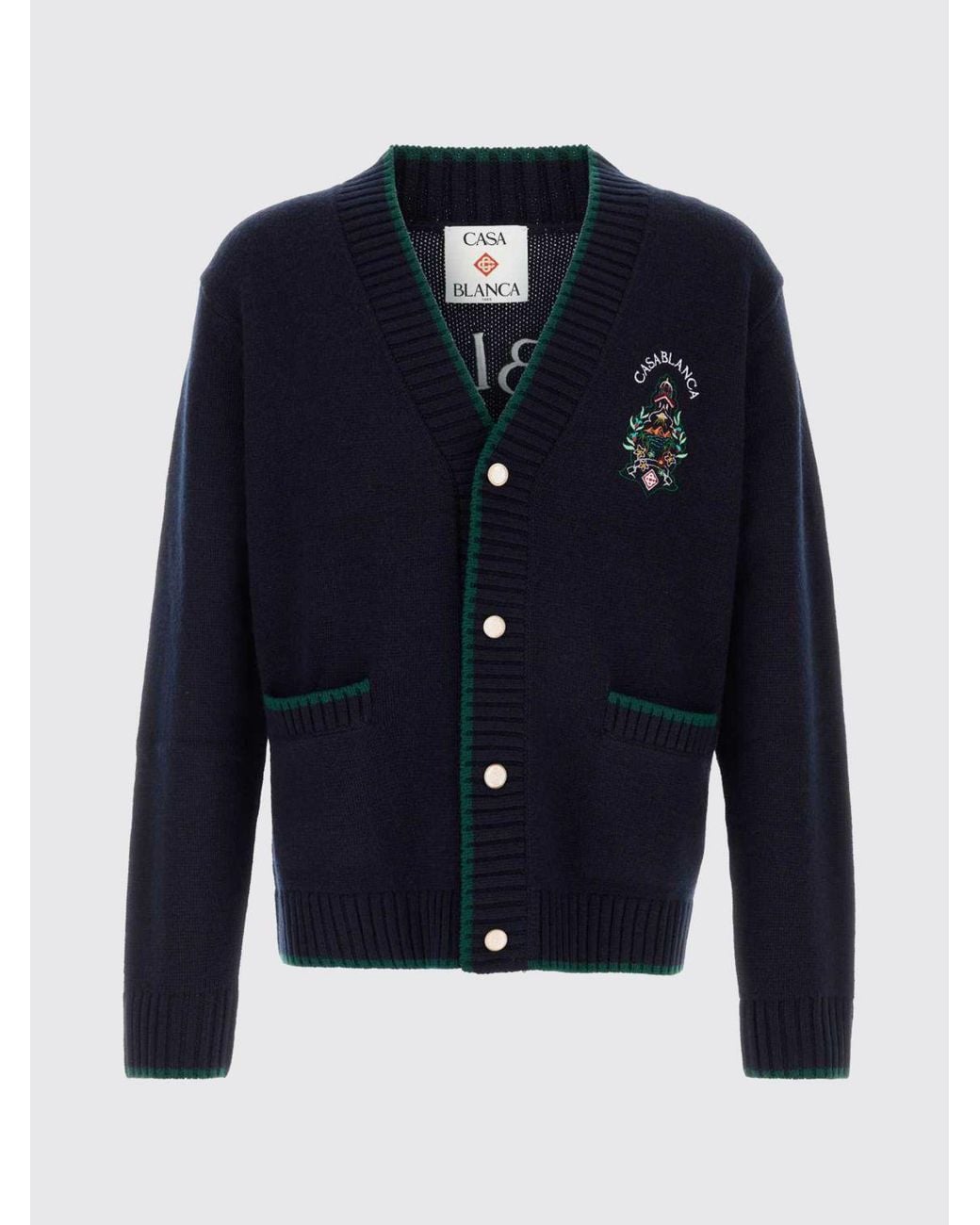 Casablanca Blue Wool And Cashmere Cardigan With Crest And Contrast Trim for men