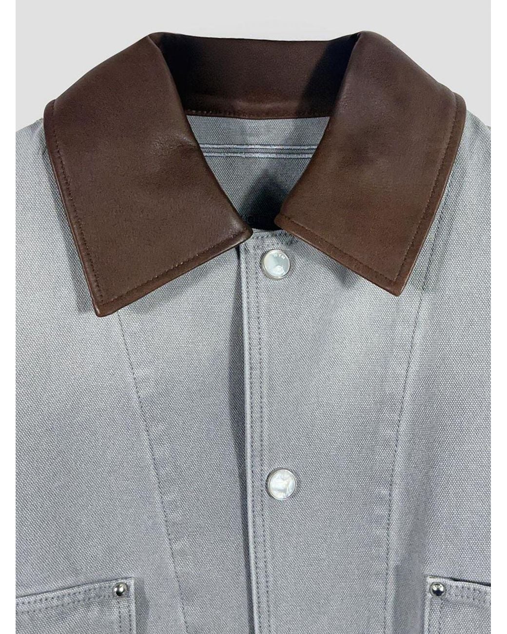 Wooyoungmi Gray Cotton Denim Jacket With Leather Collar And Dropped Shoulders for men