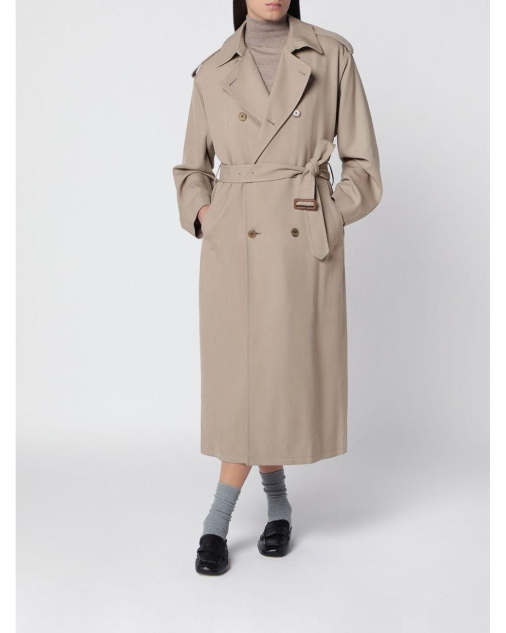 Auralee Natural Long Double-Breasted Wool Trench Coat With Belt And Epaulettes