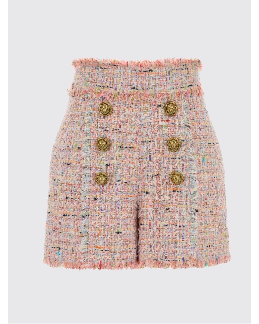Balmain Pink High-Waisted Tweed Shorts With Abstract Pattern And Buttons