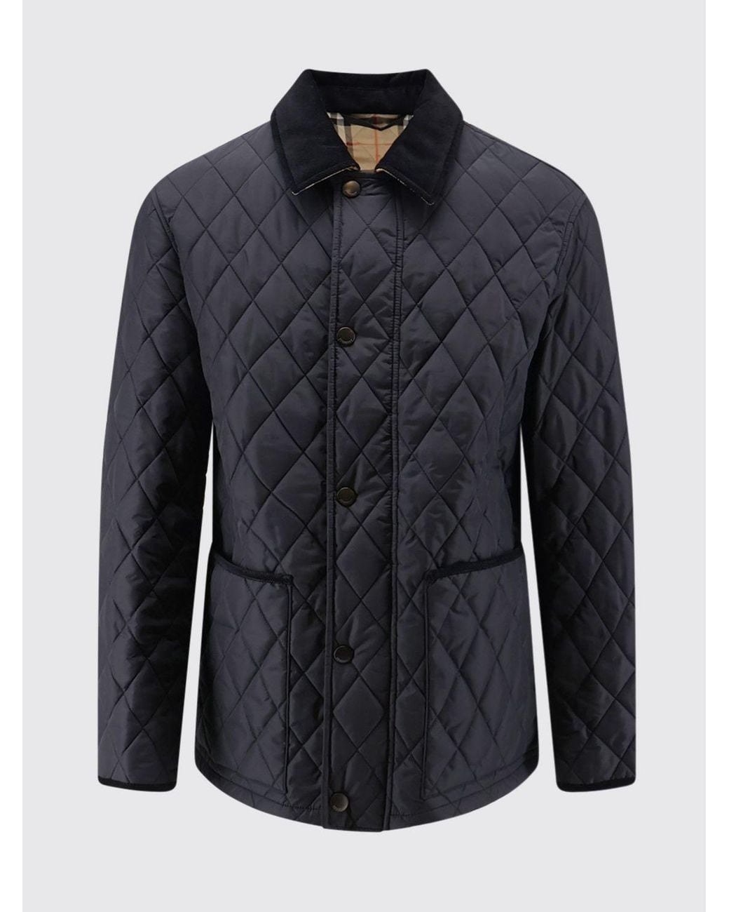 Burberry Blue Quilted Nylon Jacket With Velvet Collar And Check Lining for men