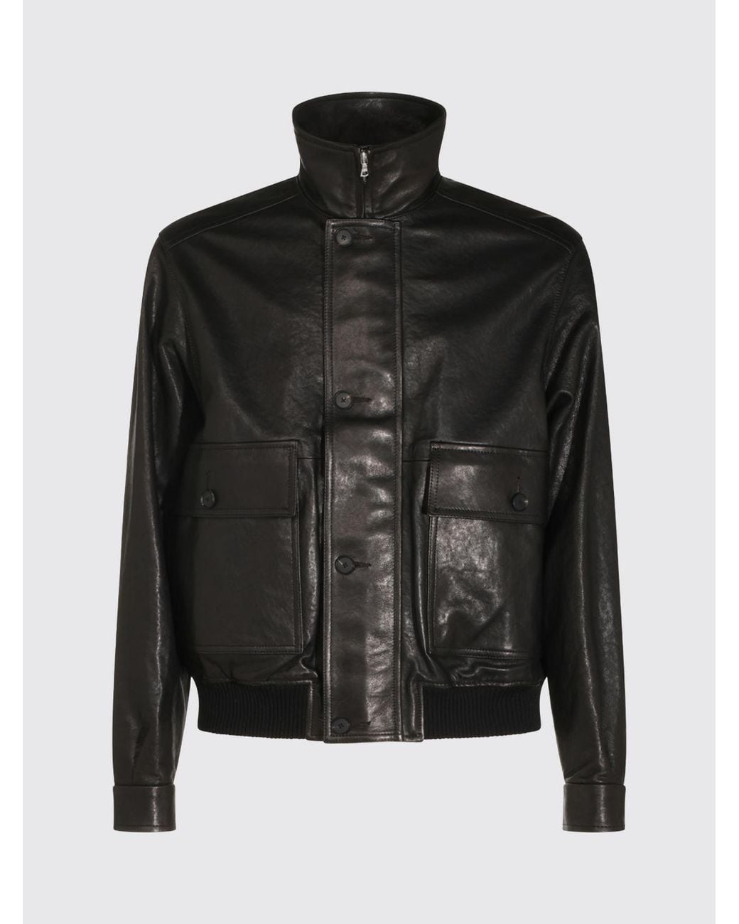 Auralee Black Leather Bomber Jacket With High Collar And Flap Pockets for men
