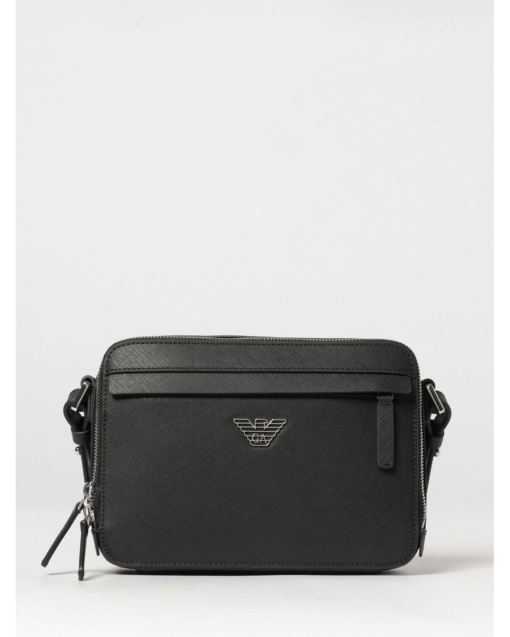 Emporio Armani Black Regenerated Leather Messenger Bag With Eagle Logo for men