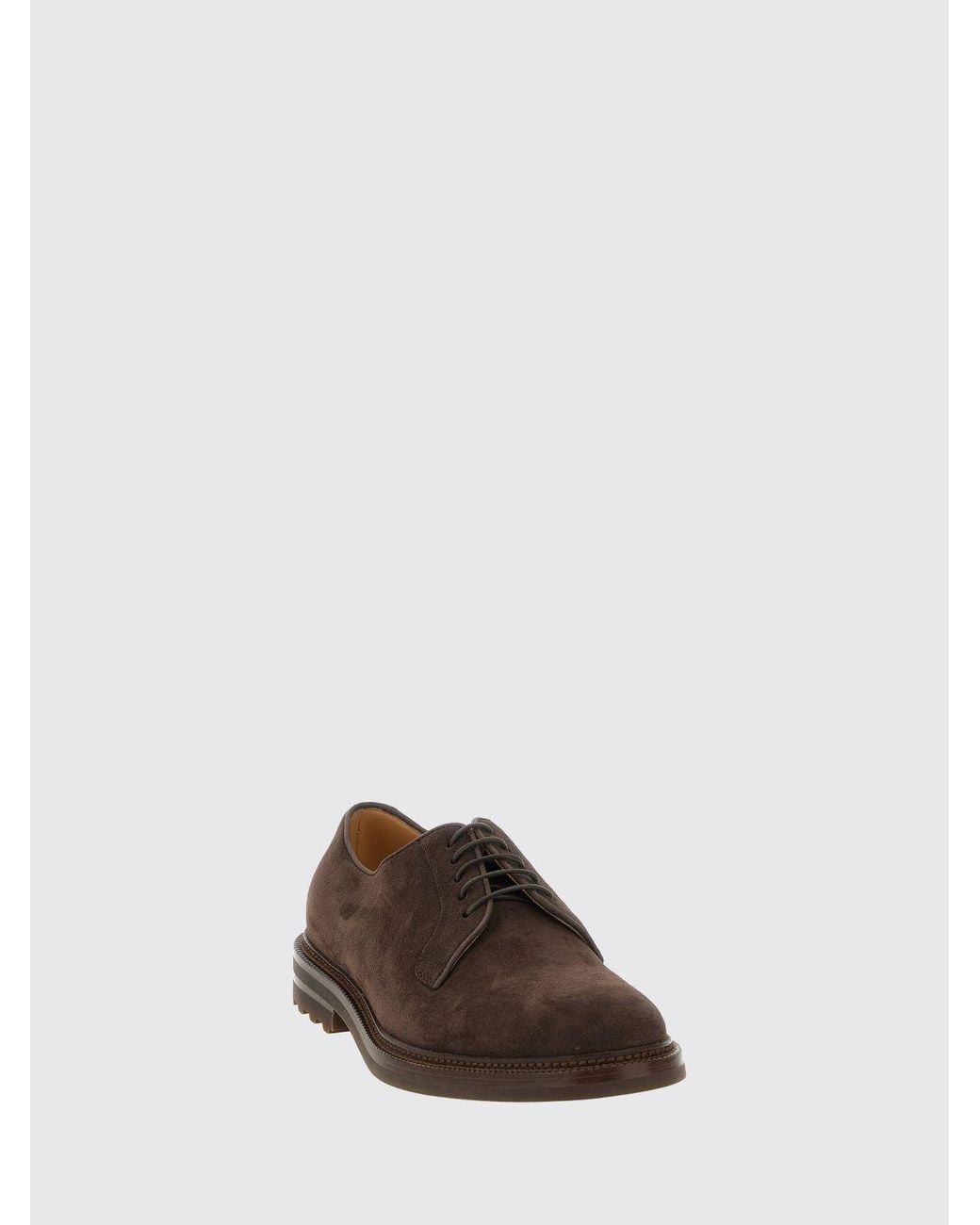 Brunello Cucinelli Brown Suede Calfskin Derby Shoes With Rubber Sole for men
