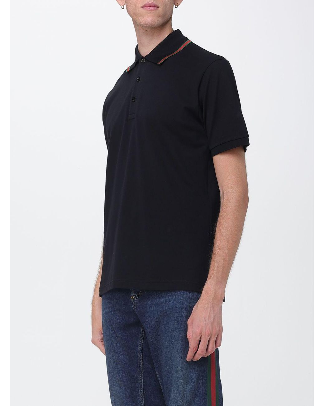 Gucci Black Short-Sleeved Cotton Polo With Web Detail And Contrast Trim for men