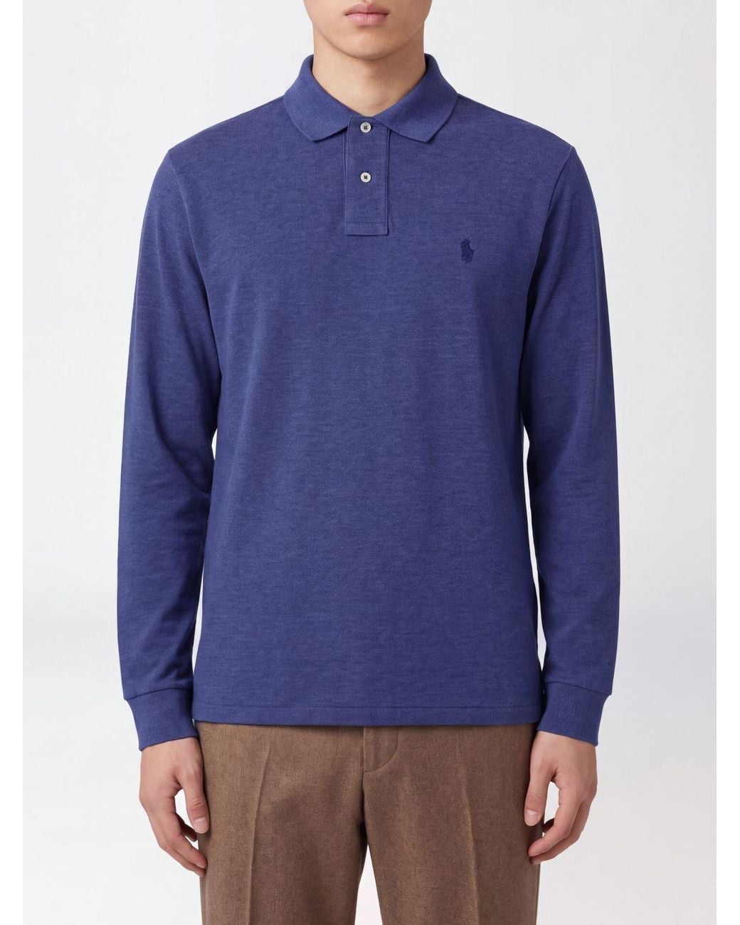 Polo Ralph Lauren Blue Long-Sleeved Slim Fit Cotton Polo Shirt for men