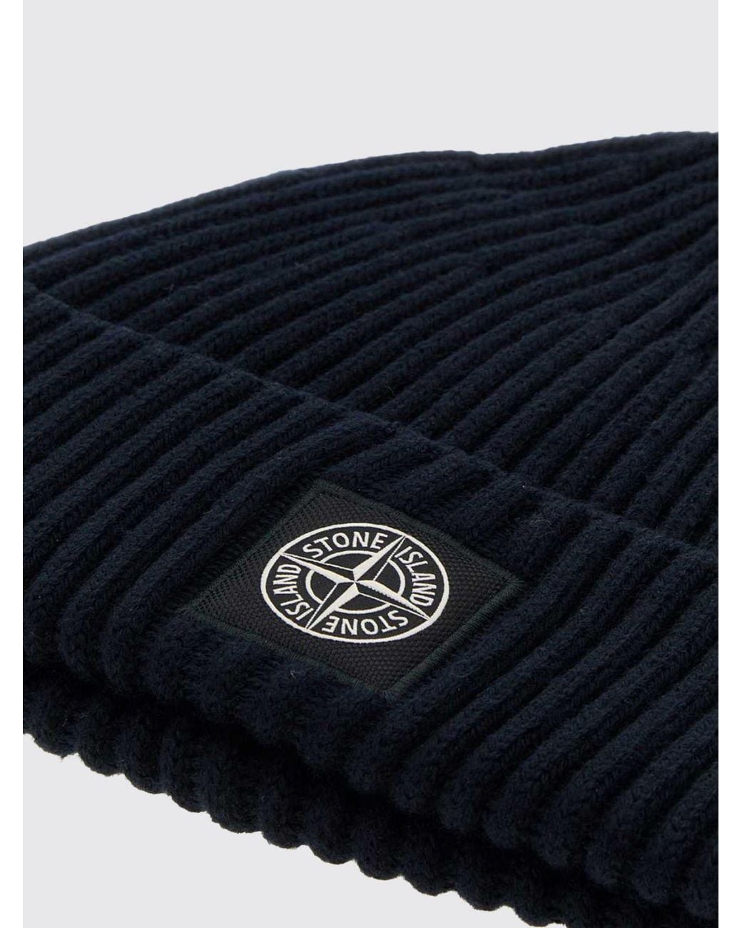 Stone Island Blue Ribbed Rws Virgin Wool Beanie Hat With Compass Logo Patch for men