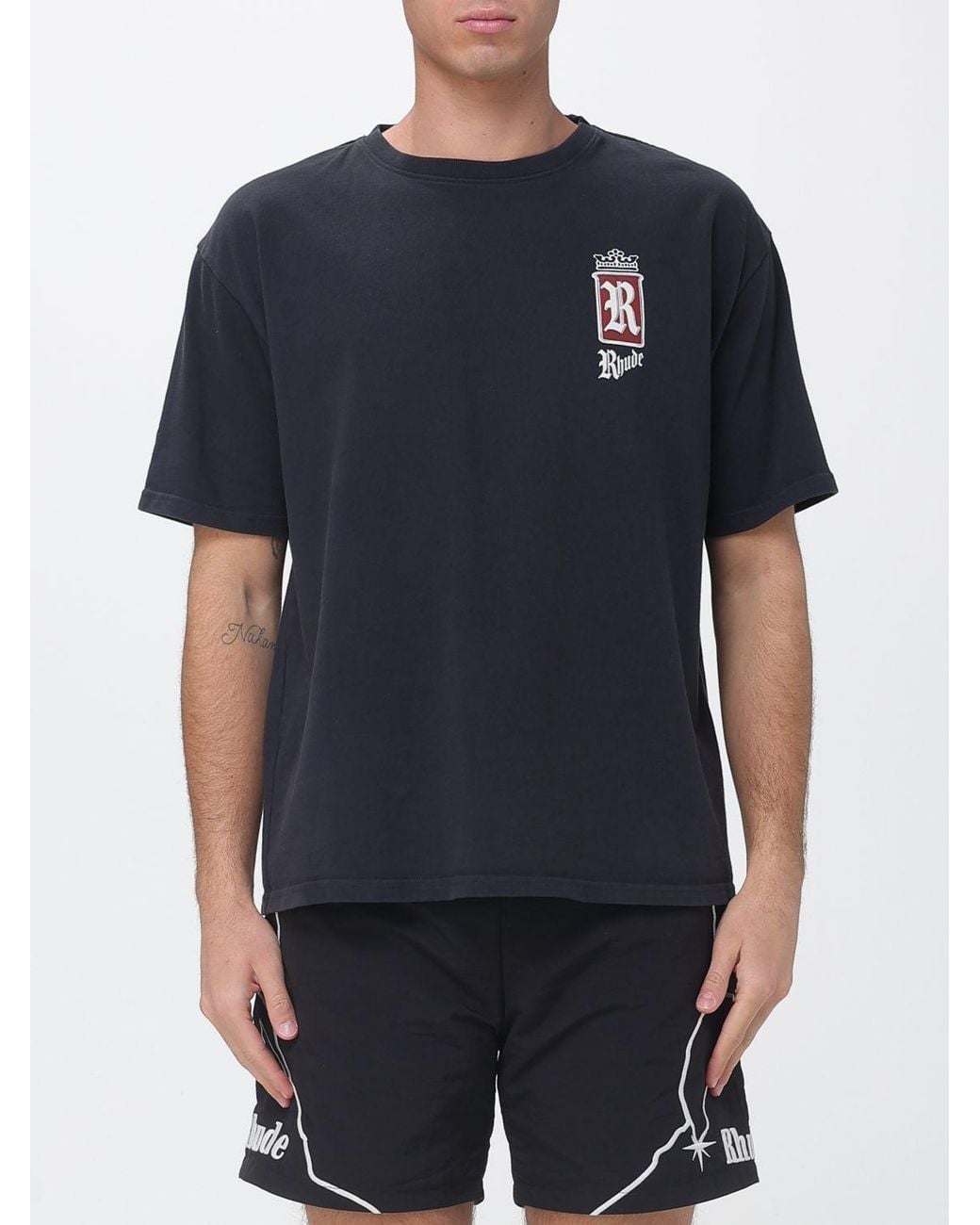 Rhude Blue Cotton T-Shirt With Front Graphic Print And Contrast Logo for men