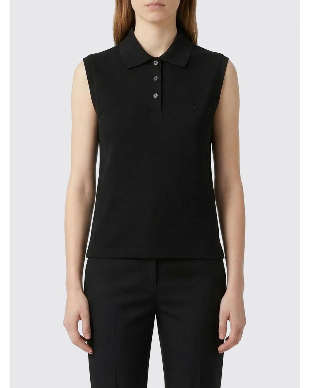 Saint Laurent Black Cassandre Sleeveless Cotton Piqué Polo Shirt