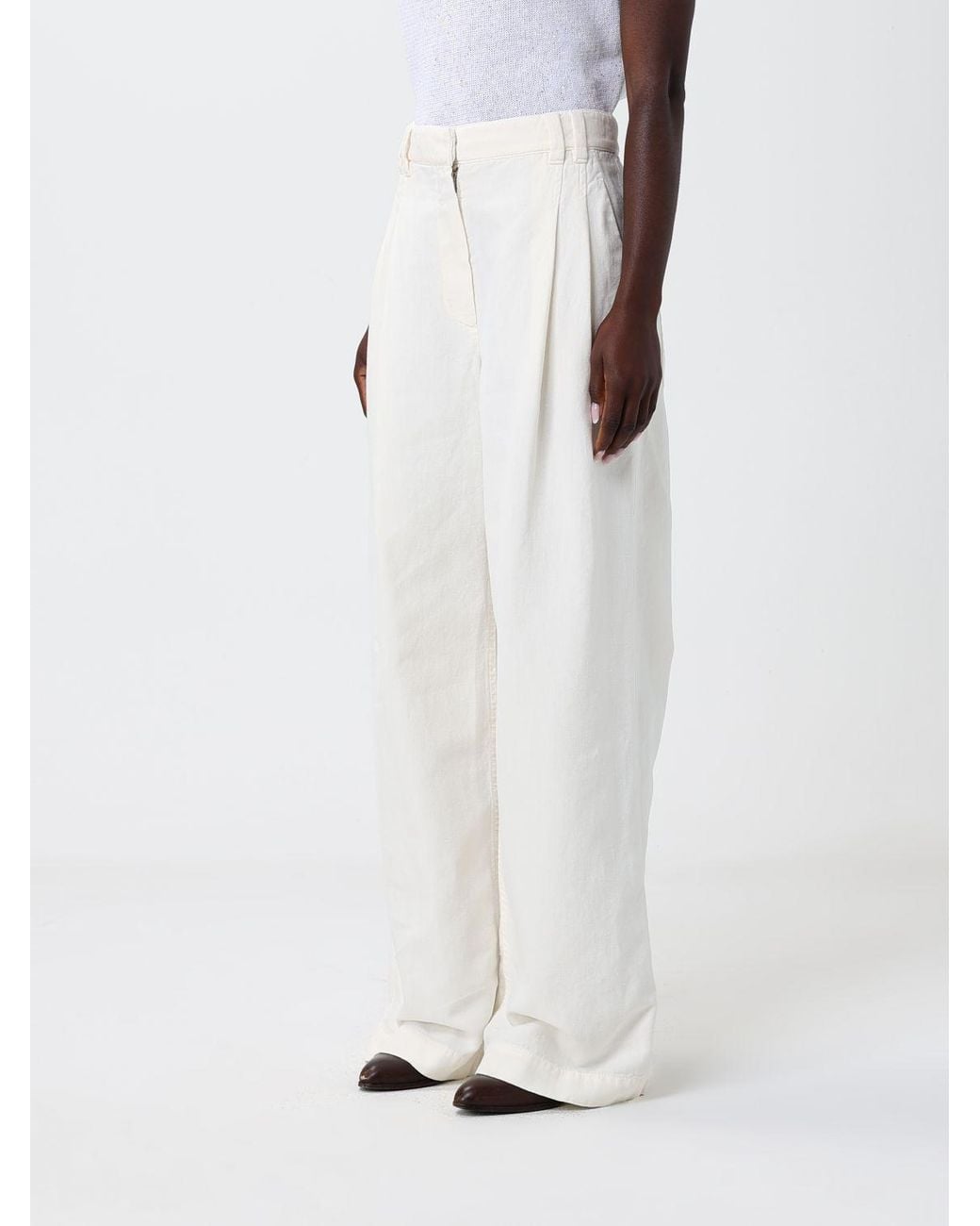 Brunello Cucinelli White Wide-Leg Cotton Blend Trousers