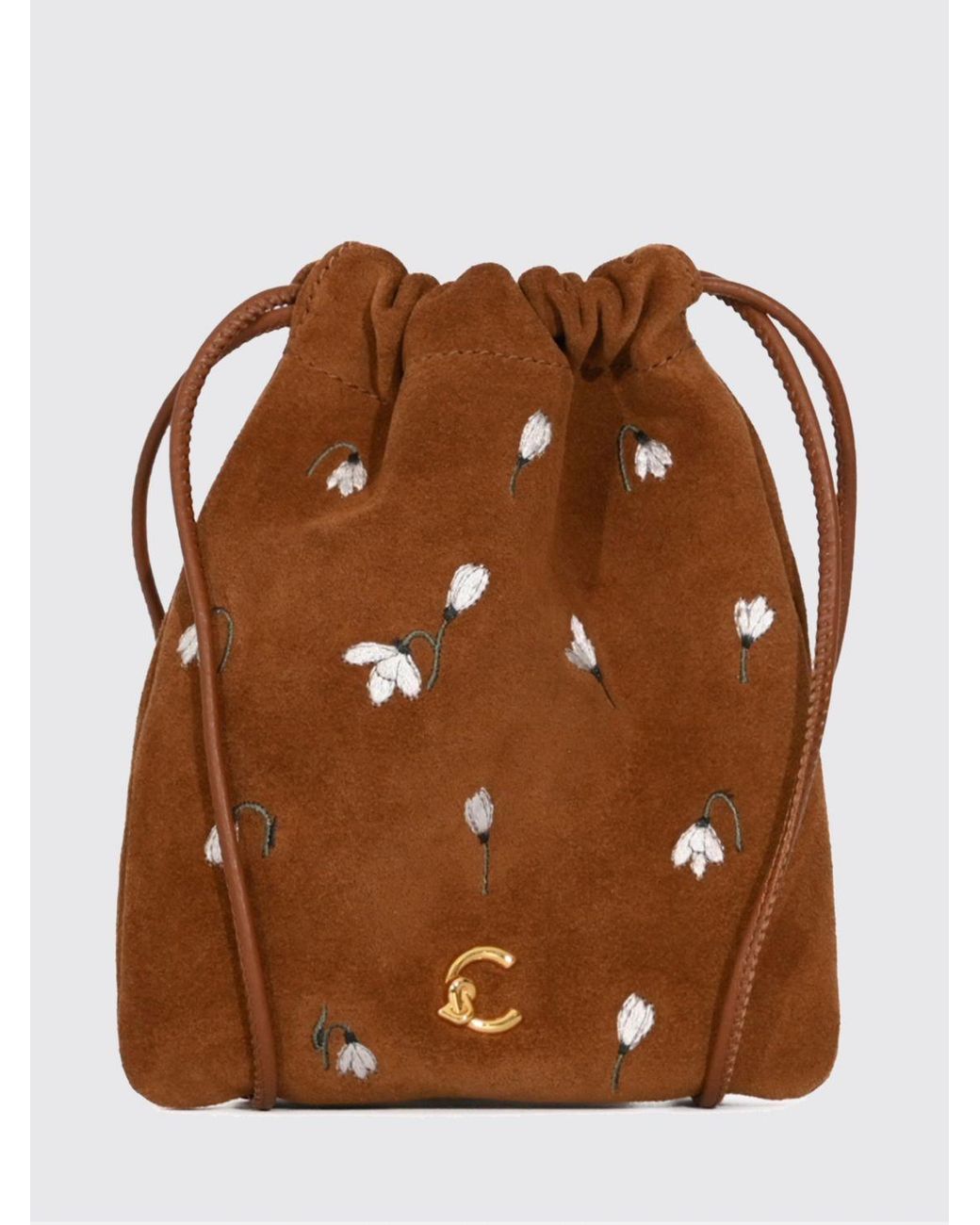 Coccinelle Brown C-Me Suede Keychain With Floral Embroidery