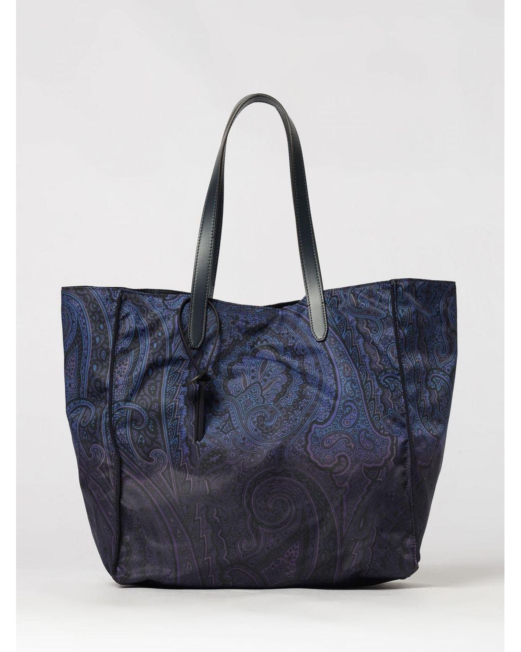 Etro Blue Arnica Paisley Nylon Tote Bag With Double Leather Handles