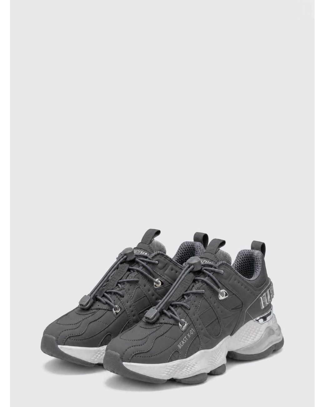Philipp Plein Gray Runner Beast X-01 Low-Top Trainers With Drawstring Closure for men