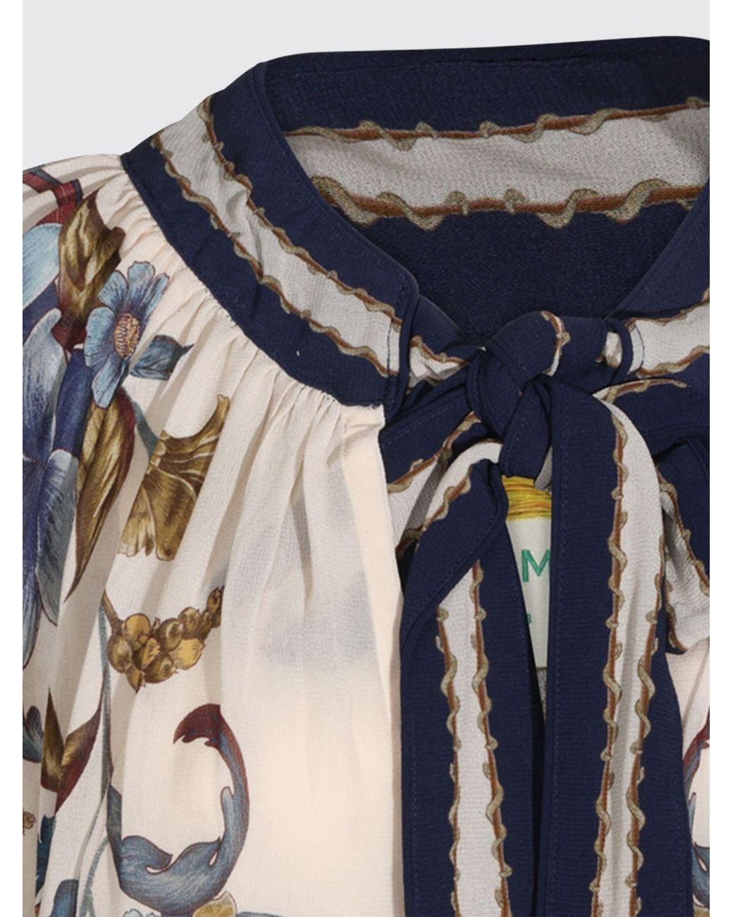Farm Rio Blue Floral Print Viscose Blouse With Pussy-Bow Collar And Long Sleeves