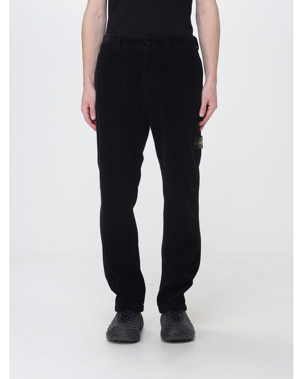 Stone Island Black Velvet Chino Trousers With Compass Logo Patch for men