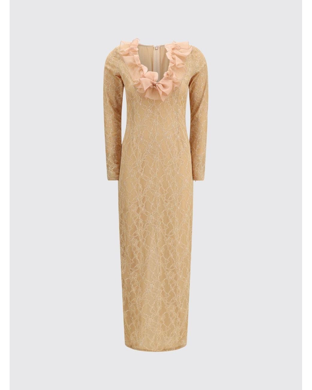 Alessandra Rich Natural Lace Midi Dress With Ruffles