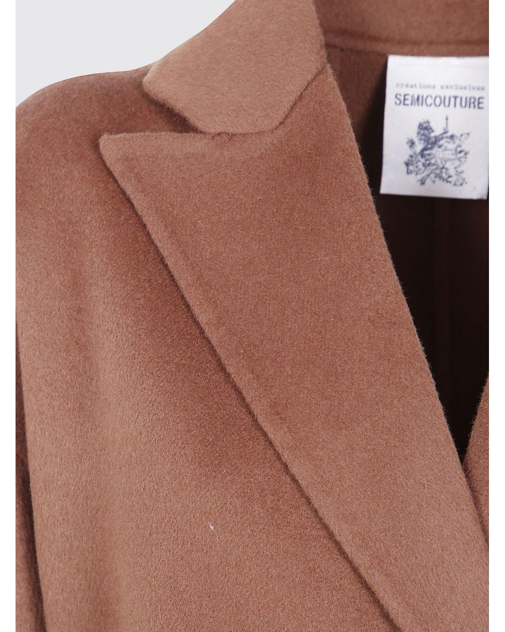 Semicouture Brown Peak Lapel Long Wool Robe Coat With Self-Tie Belt