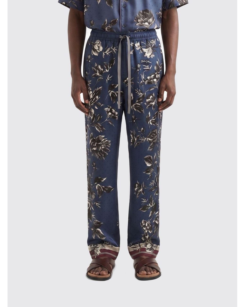 Dolce & Gabbana Blue Dolce &Amp Gabbana Floral Print Silk Straight Trousers for men