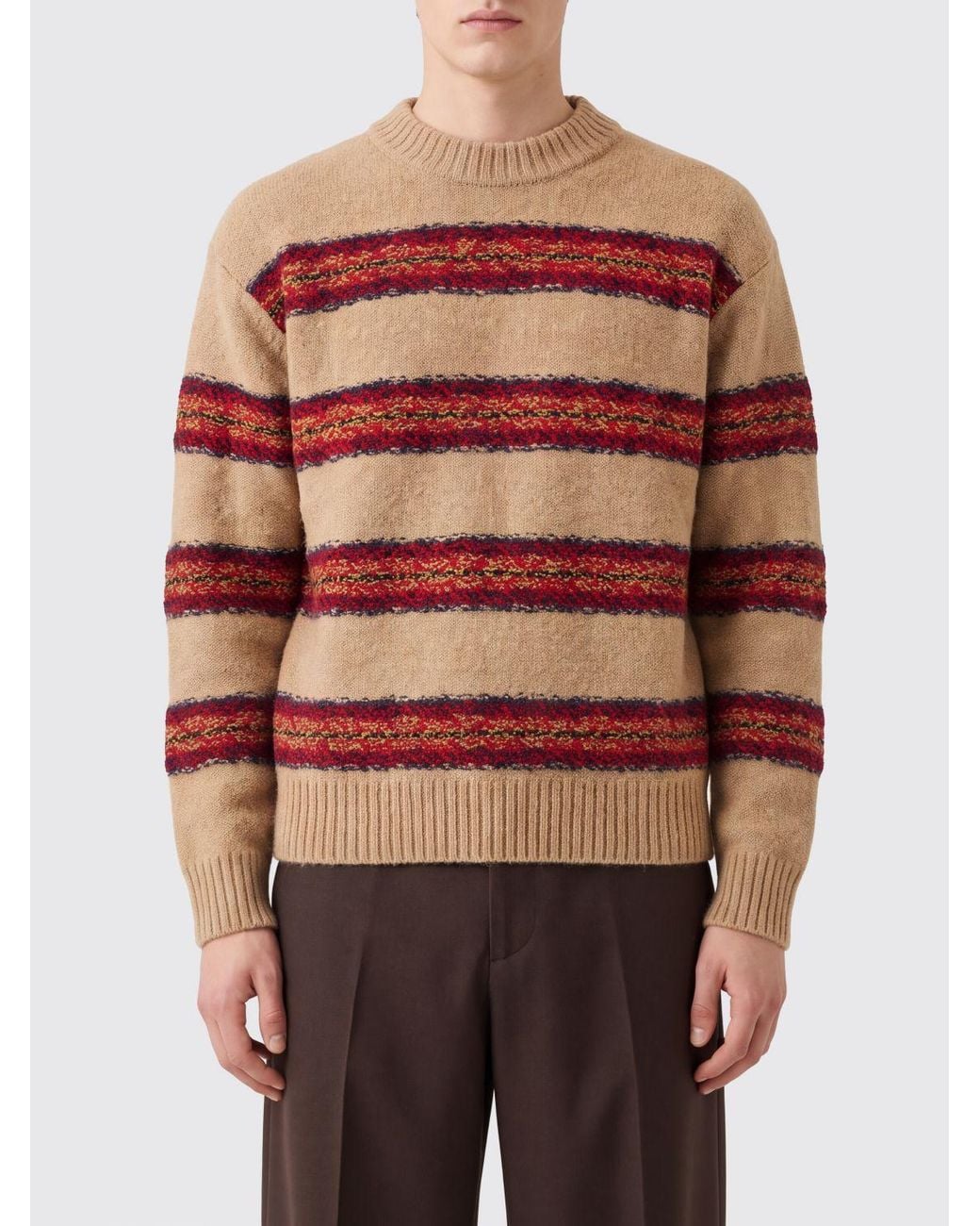 Dries Van Noten Brown Multicolour Striped Wool Crewneck Jumper for men