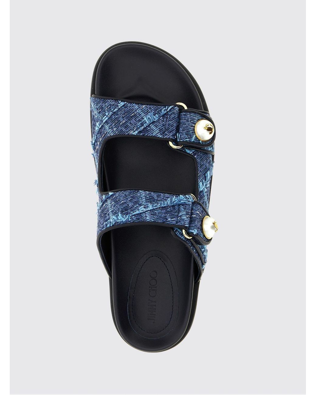 Jimmy Choo White Fayence Pearl-Embellished Denim Flat Sandals With Monogram