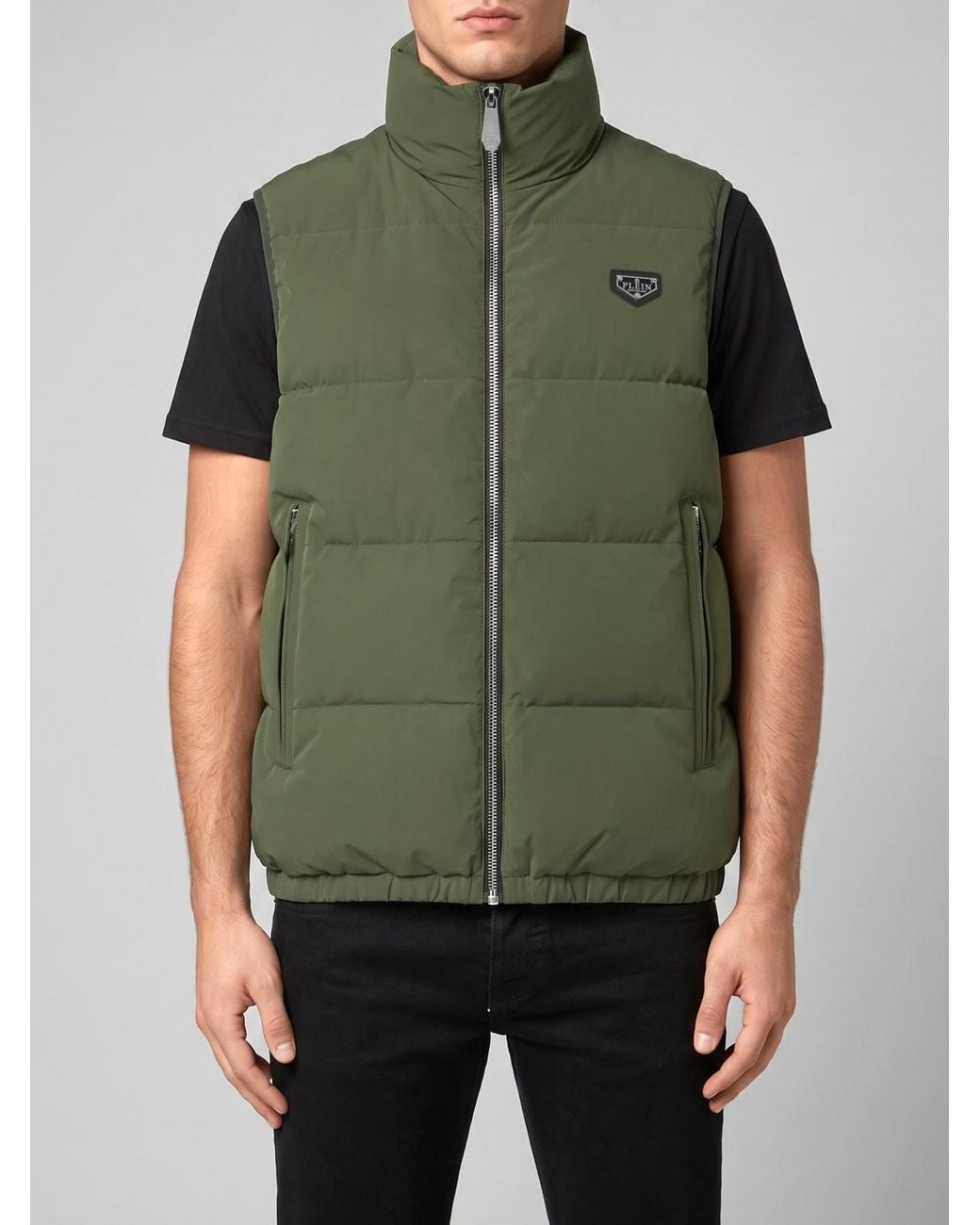 Philipp Plein Green High Neck Padded Technical Fabric Vest With Zip for men