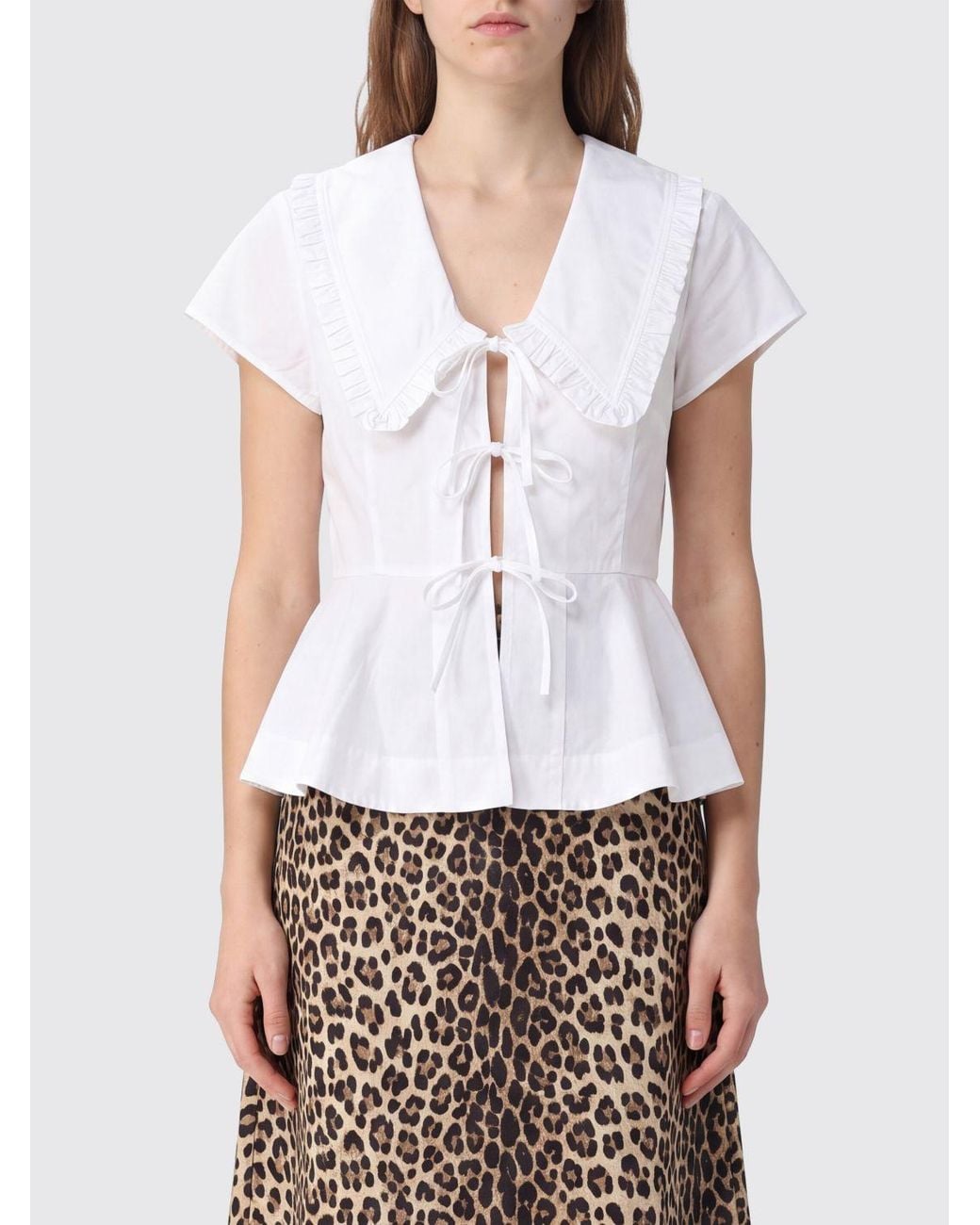 Ganni White Organic Cotton Blouse With Sailor Collar And Ruffles