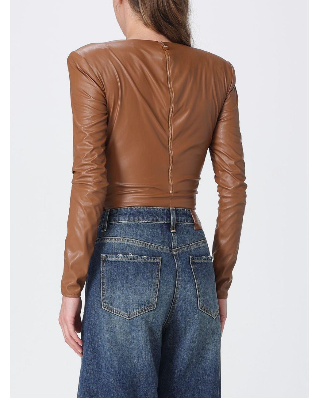 Elisabetta Franchi Blue Long-Sleeved Draped Faux Leather Evening Top