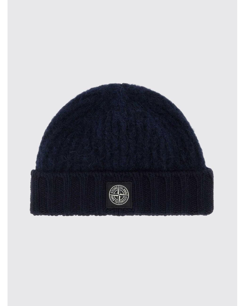 Stone Island Blue Alpaca Wool Blend Beanie With Cuff And Logo Patch for men