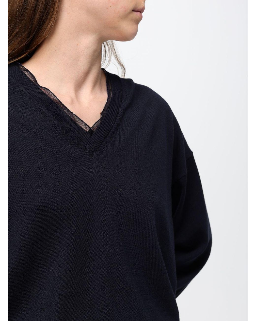 Fabiana Filippi Blue V-Neck Wool And Cotton Blend Long-Sleeved Jumper