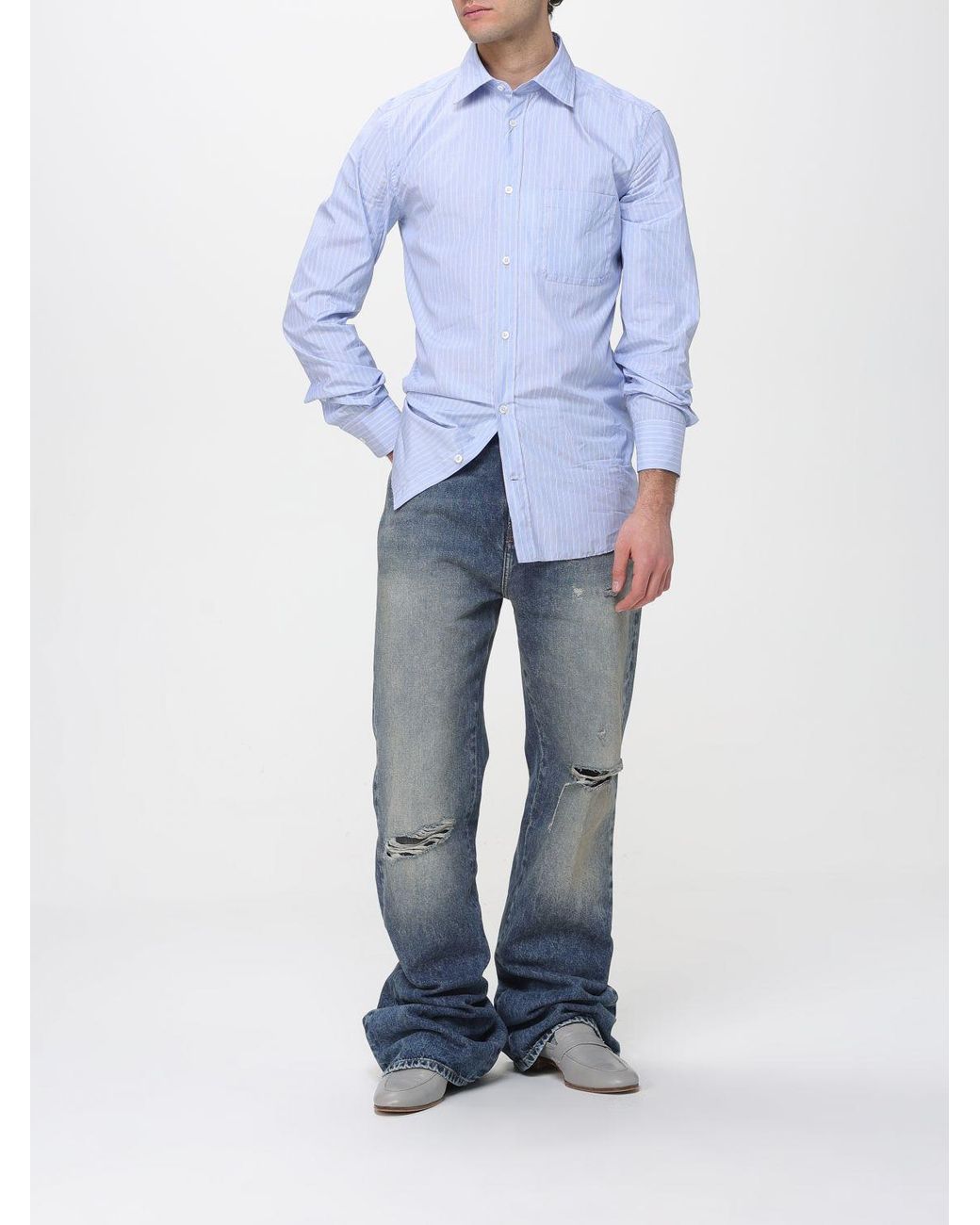 Maison Margiela Blue Striped Cotton Shirt for men