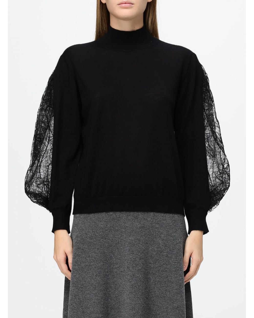 Fabiana Filippi Black Cashmere And Silk Jumper With Balloon Sleeves And Lace