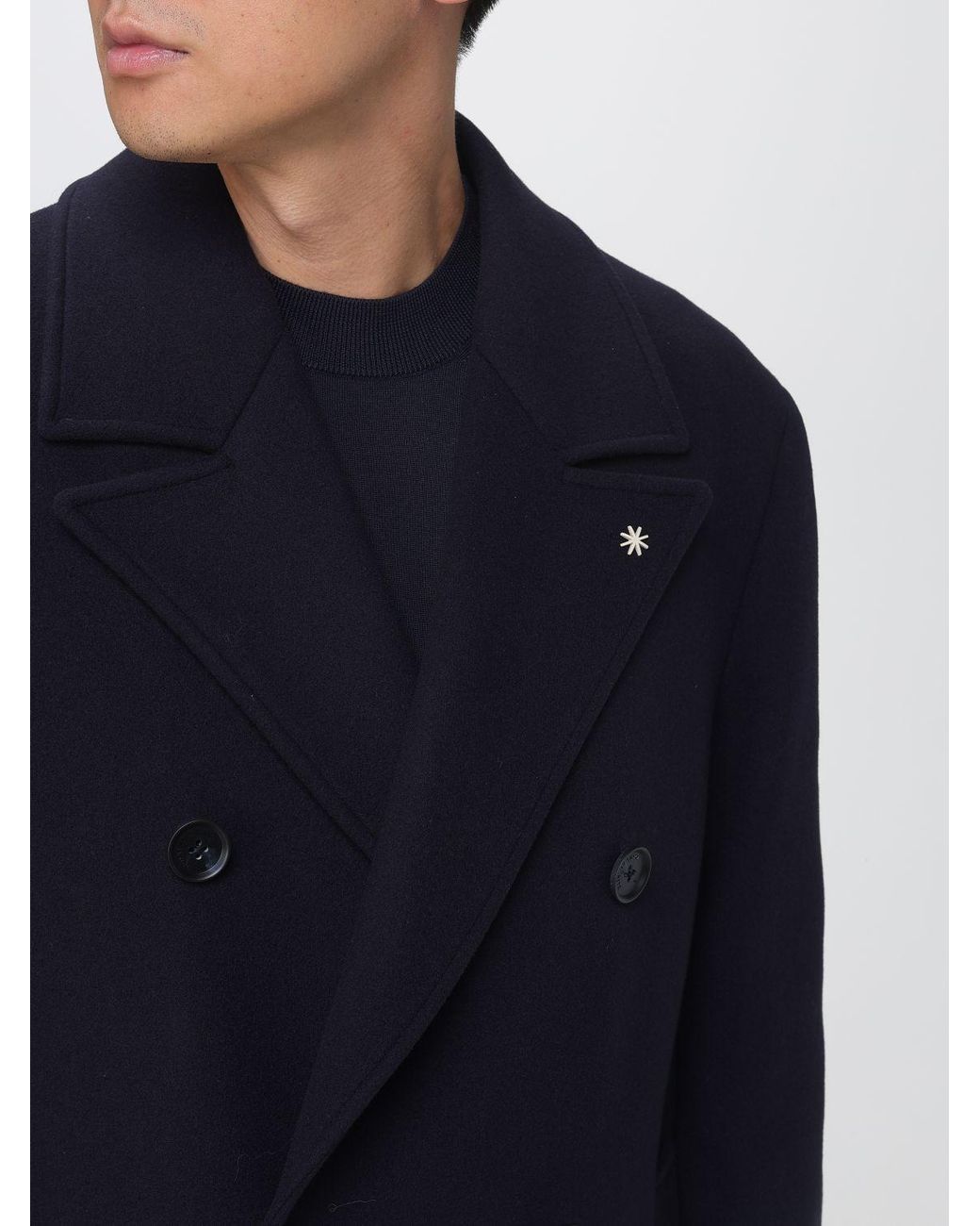 Manuel Ritz Blue Double-Breasted Wool Coat With Classic Lapels And Knee Length for men