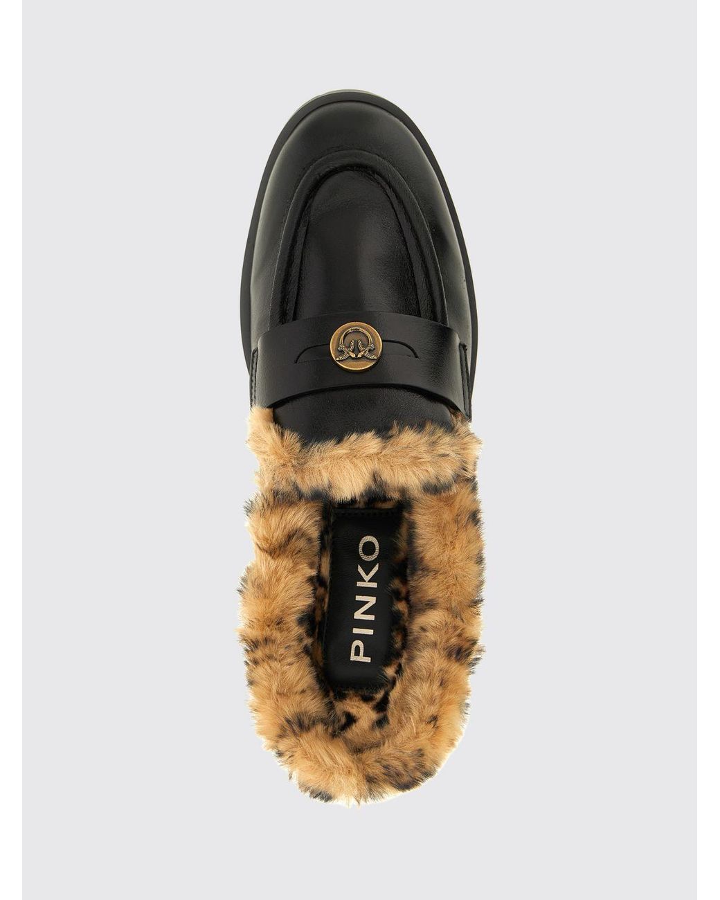 Pinko Black Nora Shearling-Lined Leather Loafer Mules With Love Birds Logo