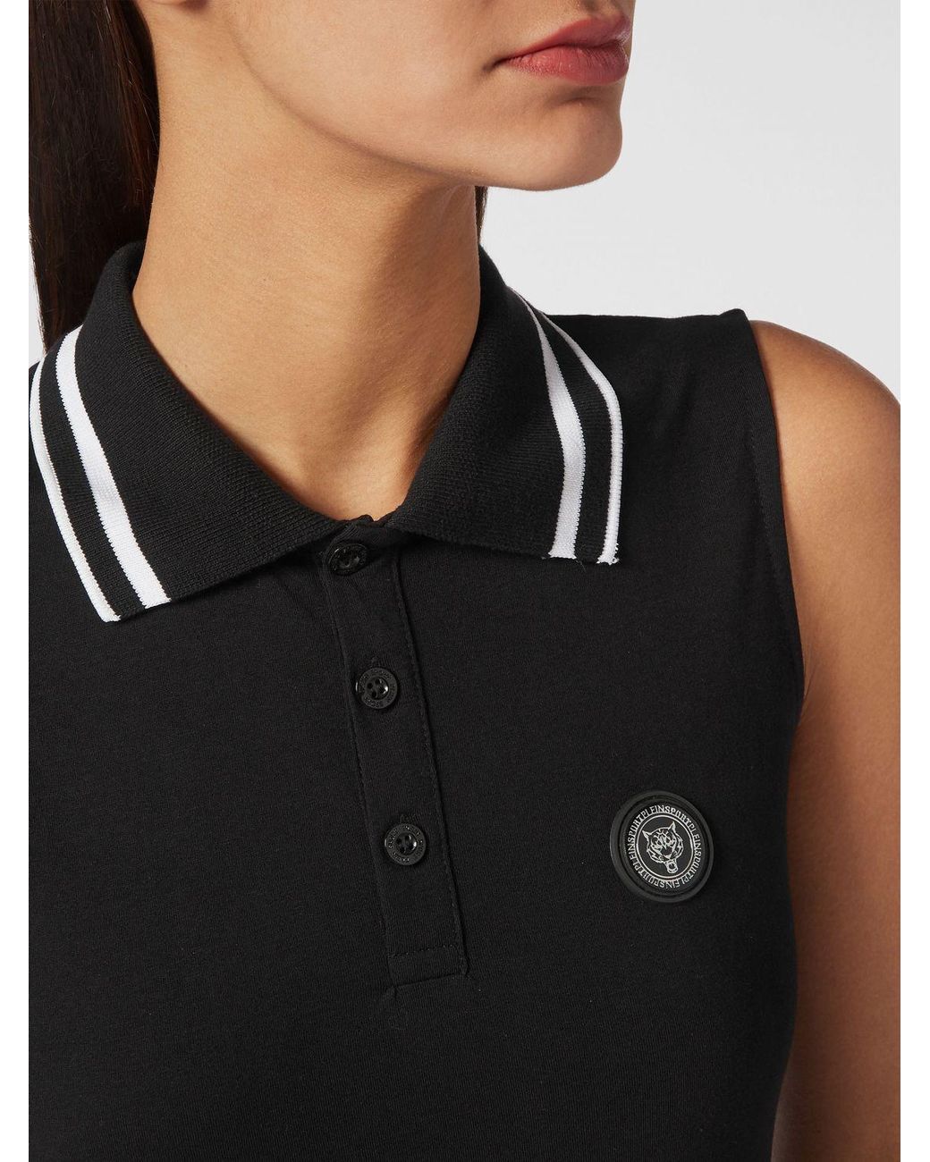 Philipp Plein Black Sleeveless Cotton Polo Shirt With Striped Collar