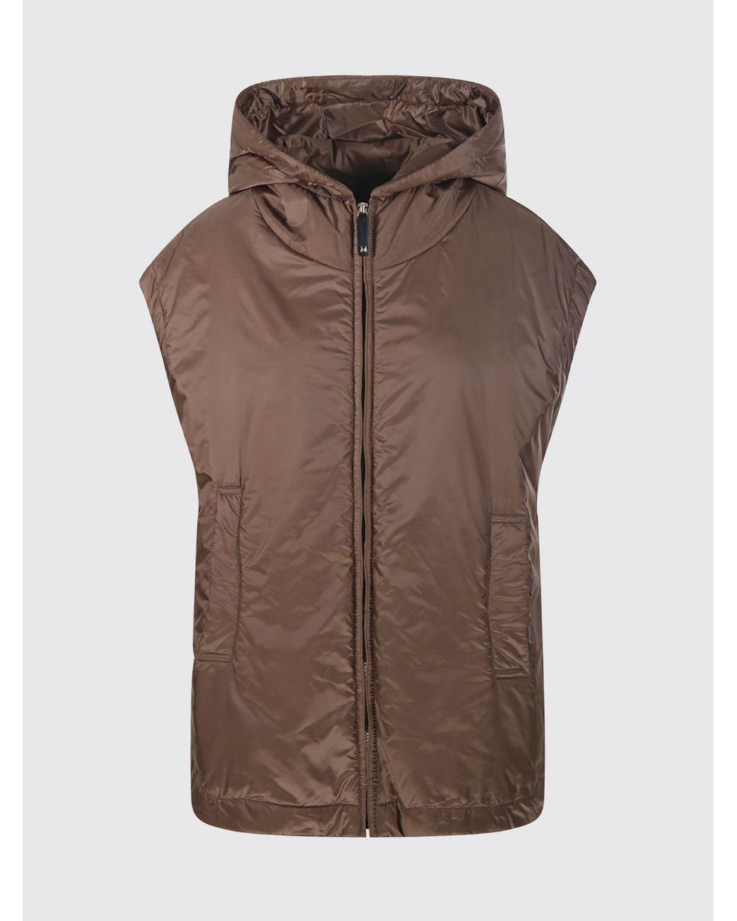 Max Mara Brown Waterproof Hooded Nylon Padded Gilet With Slit Pockets