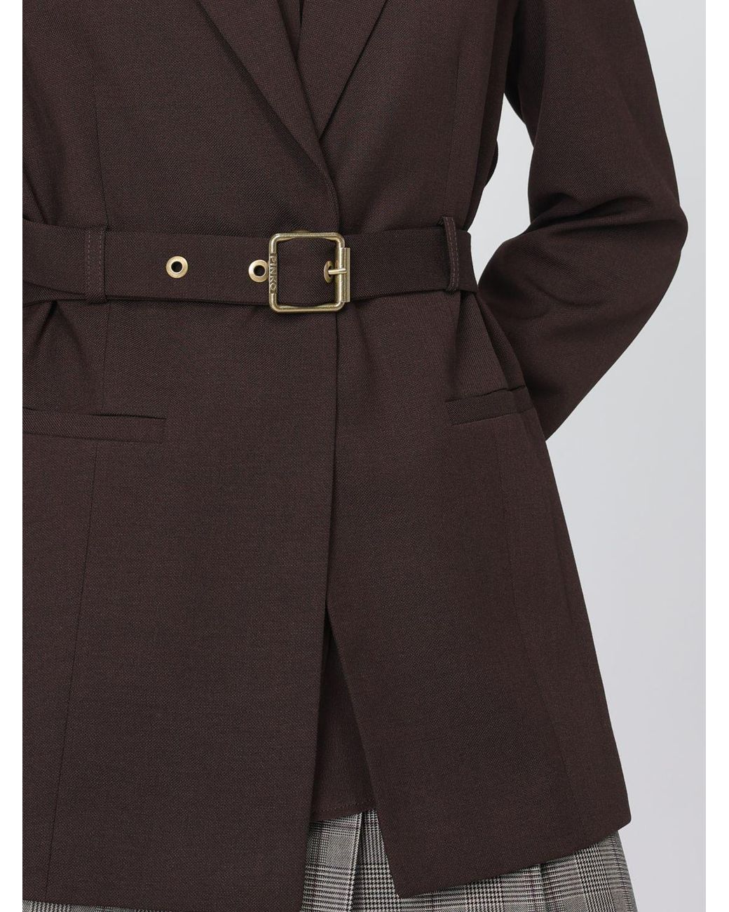 Pinko Brown Slim Fit Single-Breasted Wool Blend Blazer With Waist Belt