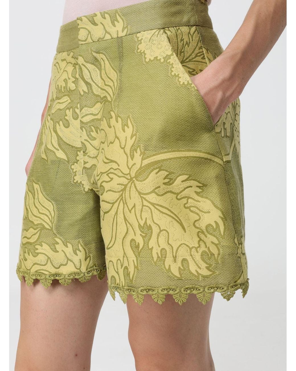 LaDoubleJ Yellow Good Butt Floral Print Cotton And Silk Shorts With Lace Trim