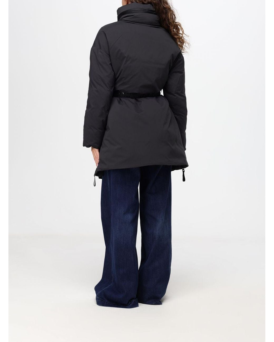Emporio Armani Blue Knee-Length Puffer Jacket With Packable Hood And Belted Waist