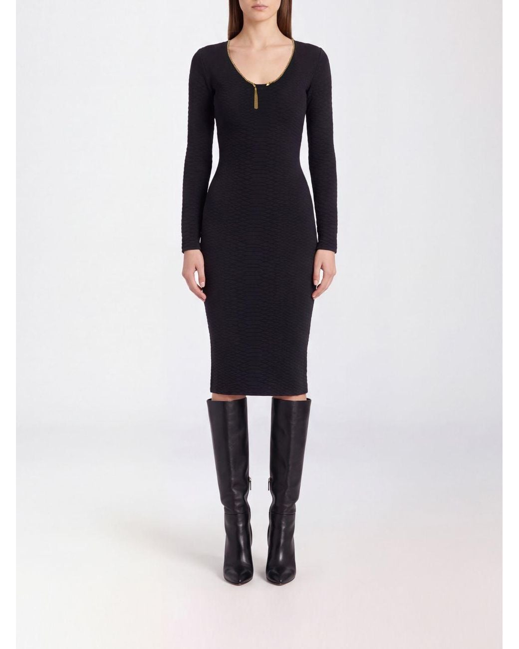 Elisabetta Franchi Blue Slim Fit Jersey Midi Sheath Dress With Long Sleeves