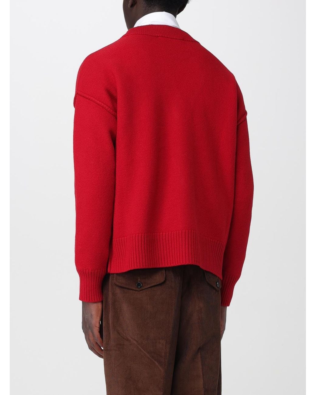 AMI Red V-Neck Wool Cardigan With Contrast Logo for men