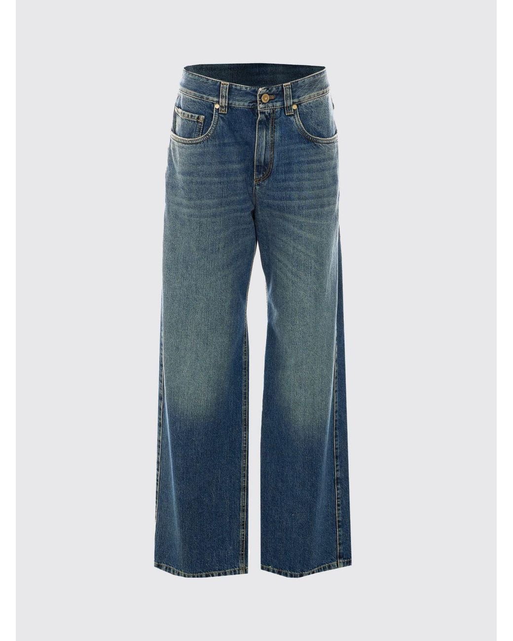 Brunello Cucinelli Blue High-Waisted Wide-Leg Jeans With Monili Detail