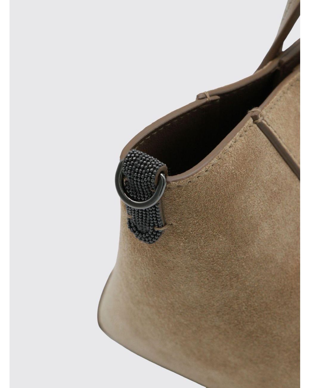 Brunello Cucinelli Natural Small Suede Handbag With Monili Embellishment