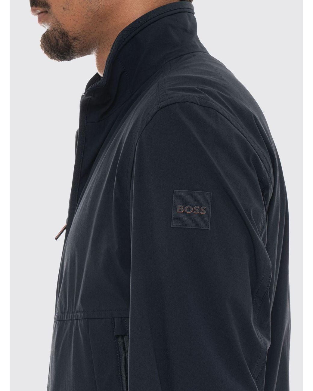 Boss Blue Water-Repellent Softshell Bomber Jacket With High Neck And Zip Closure for men